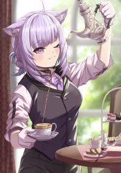 Rule 34 | 1girl, ahoge, animal ear fluff, animal ears, arm up, black choker, blue hair, blush, bowsan, cat ears, choker, closed mouth, commentary request, cup, decantering, food, gloves, highres, holding, holding saucer, holding teapot, hololive, looking at viewer, medium hair, multicolored hair, necktie, nekomata okayu, one eye closed, pants, purple eyes, purple hair, purple necktie, saucer, shirt, solo, streaked hair, sweets, teacup, teapot, tiered tray, vest, virtual youtuber, white gloves, white shirt