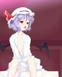 Rule 34 | 1girl, bad id, bad pixiv id, bat wings, blue hair, child, female focus, hat, ogami kazuki, open clothes, open shirt, oversized clothes, red eyes, remilia scarlet, shirt, short hair, solo, touhou, wings