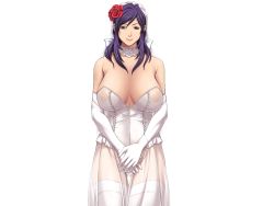 Rule 34 | 1girl, bare shoulders, blue eyes, breasts, choker, corset, dress, elbow gloves, female focus, flower, game cg, gloves, hair flower, hair ornament, huge breasts, light smile, long hair, looking at viewer, mole, mole under mouth, nipples, nonohara mikako, official art, panties, purple hair, rose, see-through, sei shoujo, smile, solo, standing, starless, thigh gap, underwear, wedding dress