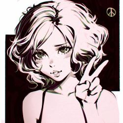 Rule 34 | 1girl, blush, greyscale, ilya kuvshinov, lips, looking at viewer, metal gear (series), metal gear solid: peace walker, monochrome, name connection, object namesake, parted lips, paz ortega andrade, peace symbol, short hair, solo, upper body, v
