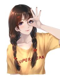 Rule 34 | 1girl, arm up, black nails, blush, braid, brown hair, caidychen, closed mouth, collarbone, commentary, cropped torso, fingernails, hair ornament, hair tie, hairclip, lipgloss, lipstick, long hair, looking at viewer, low twintails, makeup, nail polish, ok sign, ok sign over eye, original, pink lips, print shirt, purple eyes, shirt, short sleeves, smile, solo, t-shirt, twin braids, twintails, upper body, white background, yellow shirt