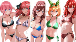 absurdres bare_shoulders bikini blue_eyes blush breasts cowboy_shot go-toubun_no_hanayome hair_ornament hairband highres multiple_girls nakano_ichika nakano_itsuki nakano_miku nakano_nino nakano_yotsuba navel red_hair short_hair simple_background swimsuit tagme tetsuado upper_body white_background