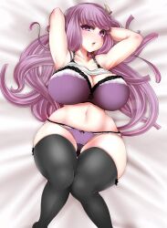 Rule 34 | 1girl, arms behind head, arms up, black thighhighs, blush, bra, breasts, cleavage, crescent, crescent hair ornament, curvy, feet out of frame, hair ornament, haseru (ginku mh), highres, huge breasts, long hair, looking at viewer, navel, on bed, open mouth, panties, patchouli knowledge, purple bra, purple eyes, purple hair, purple panties, solo, thighhighs, touhou, underwear