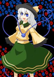 Rule 34 | 1girl, bad id, bad pixiv id, blue eyes, blue flower, blue rose, doseisan (dosei-san), female focus, flower, hat, heart, heart in mouth, heart of string, highres, komeiji koishi, red flower, red rose, rose, silver hair, solo, third eye, touhou