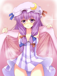 Rule 34 | 1girl, blush, breasts, censored, cleavage, coat, coat lift, collarbone, convenient censoring, crescent, dress, female focus, hair ribbon, hat, highres, long hair, no panties, open clothes, open coat, open mouth, patchouli knowledge, purple eyes, purple hair, ribbon, solo, sparkle, striped clothes, striped dress, touhou, tyokomona