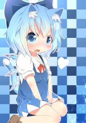Rule 34 | 1girl, akisha, animal ears, bad id, bad pixiv id, blue eyes, blue hair, bow, cat ears, cat tail, cirno, fang, hair bow, heart, ice, kemonomimi mode, looking at viewer, matching hair/eyes, open mouth, short hair, solo, tail, touhou, wings