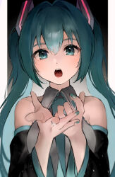 Rule 34 | 1girl, absurdres, bare shoulders, black background, black sleeves, blurry, blush, commentary, depth of field, detached sleeves, eyelashes, green eyes, green hair, green nails, green necktie, grey vest, hair intakes, hands up, hatsune miku, highres, light particles, long hair, long sleeves, looking at viewer, music, nail polish, necktie, open hands, open mouth, sidelocks, simple background, singing, solo, spread fingers, straight-on, tananuki, teeth, tongue, twintails, twitter username, upper body, upper teeth only, very long hair, vest, vocaloid, wide sleeves