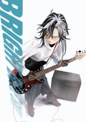 Rule 34 | 1boy, alternate costume, black hair, boothill (honkai: star rail), closed eyes, closed mouth, electric guitar, emmmmabab, guitar, highres, holding, holding guitar, holding instrument, honkai: star rail, honkai (series), instrument, long hair, male focus, multicolored hair, solo, split-color hair, two-tone hair, white background, white hair