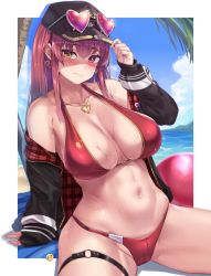 Rule 34 | 1girl, arrow through heart, bad id, bad twitter id, ball, baseball cap, beach, beachball, bikini, black jacket, blush, breasts, breasts apart, commentary, earrings, eyewear on headwear, female focus, groin, hand on headwear, hat, heart, heart-shaped eyewear, heart earrings, heart necklace, heterochromia, highres, hololive, houshou marine, houshou marine (summer), jacket, jewelry, large breasts, long hair, midriff, moisture (chichi), navel, necklace, o-ring, o-ring thigh strap, off shoulder, official alternate costume, red eyes, red hair, sand, sitting, solo, straight hair, sunglasses, swimsuit, symbol-only commentary, thigh strap, virtual youtuber, water, wet, yellow eyes