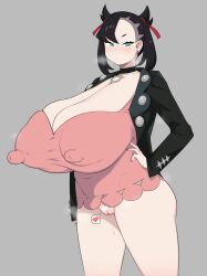 Rule 34 | 1girl, alternate breast size, aqua eyes, black hair, blush, bottomless, breasts, censored, chamchami, choker, cleavage, cleft of venus, covered erect nipples, cowboy shot, creatures (company), earrings, facing viewer, game freak, gigantic breasts, hand on own hip, heart, huge breasts, jacket, jewelry, leather, leather jacket, looking at viewer, marnie (pokemon), nintendo, no bra, pokemon, pokemon swsh, puffy nipples, pussy, solo, spoken heart, standing