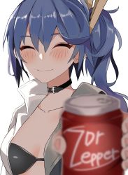 Rule 34 | 1girl, aogisa, bad id, bad pixiv id, bikini, bikini top only, bikini under clothes, black bikini, blue hair, blurry, brand name imitation, breasts, can, closed eyes, collarbone, collared shirt, depth of field, dr pepper, drink can, foreshortening, girls&#039; frontline, giving, highres, holding, holding can, k11 (girls&#039; frontline), leather choker, long hair, long sleeves, medium breasts, messy hair, shirt, side ponytail, sidelocks, simple background, smile, soda can, solo, swimsuit, swimsuit under clothes, white background, white shirt