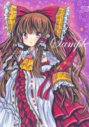 Rule 34 | 1girl, :o, adapted costume, ascot, blush, bow, brown hair, capelet, cowboy shot, detached sleeves, floral print, flower, frilled bow, frilled sleeves, frills, gohei, hair bow, hakurei reimu, holding, holding stick, long hair, looking at viewer, marker (medium), multicolored bow, open mouth, pink background, pink flower, purple background, red bow, red eyes, red ribbon, ribbon, ribbon-trimmed sleeves, ribbon trim, rui (sugar3), sample watermark, solo, stick, touhou, traditional media, very long hair, watermark, white capelet, wide sleeves, yellow ascot, yellow bow