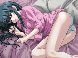 Rule 34 | 1girl, ass, bed, black hair, blunt bangs, breasts, cameltoe, closed eyes, covered erect nipples, from above, game cg, gimai - hitomi, hitomi my stepsister, legs, long hair, lying, maejima hitomi, medium breasts, mikio, no pants, on side, open mouth, panties, pantyshot, pillow, sleeping, solo, underwear, white panties