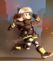 Rule 34 | 1girl, arknights, black gloves, black shorts, black socks, boots, brown eyes, brown hair, buckle, buruma, chest harness, clenched hands, closed mouth, commentary, drawdrawdeimos, embers, fire extinguisher, firefighter jacket, full body, gas mask, gloves, harness, helmet, highres, jacket, knee pads, long sleeves, mask, outdoors, shaw (arknights), short hair, shorts, snap-fit buckle, socks, solo