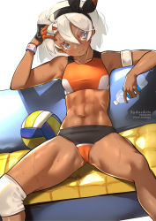 Rule 34 | 1girl, abs, arm strap, armpits, artist name, bad id, bad pixiv id, ball, bea (pokemon), black bow, black hairband, blue eyes, blush, bottle, bow, bow hairband, breasts, buruma, closed mouth, commentary, couch, creatures (company), dark-skinned female, dark skin, dynamax band, english commentary, feet out of frame, game freak, gloves, hairband, holding, holding bottle, knee pads, looking at viewer, navel, nintendo, on couch, plastic bottle, pokemon, pokemon swsh, short hair, silver hair, simple background, single glove, single knee pad, sitting, small breasts, smile, solo, sports bra, spread legs, stomach, sydus, thick eyebrows, thighs, volleyball, volleyball (object), water bottle, white background