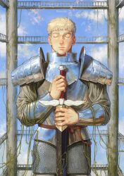 Rule 34 | absurdres, armor, blonde hair, blue sky, chainmail, closed eyes, cloud, column, dungeon meshi, hands on own chest, highres, holding, holding sword, holding weapon, kotsu chan, laios touden, pillar, plant, plate armor, scabbard, sheath, sky, sword, vines, weapon
