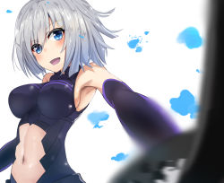 Rule 34 | 1girl, :d, alternate costume, armor, armored dress, armpits, bare shoulders, blue eyes, blurry, blush, breasts, cosplay, dress, elbow gloves, fate/grand order, fate (series), gloves, hair ornament, hair over one eye, hairclip, hamakaze (kancolle), kantai collection, large breasts, look-alike, looking at viewer, mash kyrielight, navel, open mouth, shield, shielder (fate/grand order) (cosplay), shinta (the-mattyaman), short hair, silver hair, sleeveless, sleeveless dress, smile, solo, white background