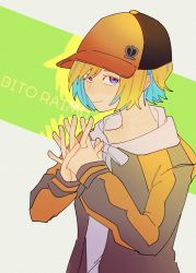 Rule 34 | 1girl, absurdres, bitou raimu, blonde hair, blue eyes, character name, closed mouth, eyebrows, female focus, fingers together, highres, jacket, looking at viewer, multicolored clothes, multicolored jacket, own hands clasped, shin subarashiki kono sekai, shirt, short hair, smile, solo, subarashiki kono sekai, two-tone headwear, two-tone jacket, upper body, white shirt