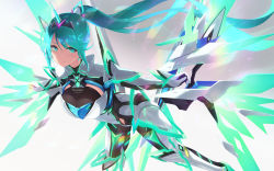 Rule 34 | 1girl, armor, armored bodysuit, blush, bodysuit, breasts, cait aron, detached wings, earrings, energy wings, female focus, floating hair, gem, gloves, hair ornament, headpiece, highres, jewelry, large breasts, leaning forward, light particles, long hair, looking at viewer, matching hair/eyes, neon trim, nintendo, pneuma (xenoblade), ponytail, sidelocks, smile, solo, spoilers, swept bangs, tiara, very long hair, wings, xenoblade chronicles (series), xenoblade chronicles 2