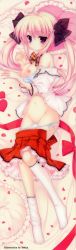 Rule 34 | 1girl, absurdres, bed, bed sheet, blue bra, blush, bow, bow bra, bra, bra pull, breasts, cleavage, clothes pull, collarbone, copyright request, dakimakura (medium), frilled pillow, frills, from above, full body, heart, heart-shaped pillow, highres, legs, long image, looking at viewer, mitha, nipples, on bed, open clothes, open shirt, panties, panty pull, pillow, pink eyes, pink hair, scan, shirt, side-tie panties, skirt, skirt pull, socks, solo, tall image, twintails, underwear, white panties, white socks