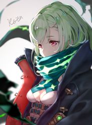 Rule 34 | 1girl, bad id, bad pixiv id, black jacket, blurry, blurry background, breasts, commentary request, covered mouth, depth of field, green hair, green scarf, grey background, highres, hoshizaki reita, jacket, little match girl (sinoalice), looking away, open clothes, open jacket, red eyes, scarf, signature, sinoalice, small breasts, solo, upper body