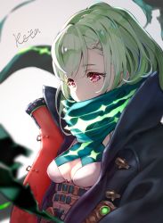 1girl bad_id bad_pixiv_id black_jacket blurry blurry_background breasts commentary_request covered_mouth depth_of_field green_hair green_scarf grey_background highres hoshizaki_reita jacket little_match_girl_(sinoalice) looking_away open_clothes open_jacket red_eyes scarf signature sinoalice small_breasts solo upper_body