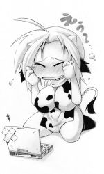Rule 34 | 1girl, animal ears, animal print, bad id, bad pixiv id, breasts, chibi, computer, cow ears, cow girl, cow print, cow tail, crying, greyscale, huge breasts, keyboard (computer), laptop, monochrome, solo, tail, uccow