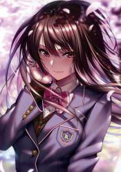Rule 34 | 1girl, absurdres, blazer, blurry, blurry background, blush, brown eyes, brown hair, buttons, cherry blossoms, closed mouth, day, hand up, hanikami kanojo, highres, jacket, lips, long hair, looking at viewer, minazumi kasane, outdoors, petals, piromizu, ribbon, scan, school uniform, simple background, smile, solo, upper body