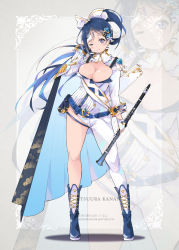 Rule 34 | 10s, 1girl, arm up, asymmetrical pants, blue cape, blue flower, blue footwear, blue hair, blush, boots, bow, breasts, cape, character name, clarinet, cleavage, cleavage cutout, clothing cutout, cross-laced footwear, cuffs, earrings, flower, gloves, gluteal fold, hair bow, half gloves, heart, high ponytail, highres, holding, holding instrument, huge breasts, instrument, instrument case, jewelry, knee boots, lavender flower, long hair, long sleeves, looking at viewer, love live!, love live! school idol festival, love live! sunshine!!, matsuura kanan, purple eyes, qianqian, skindentation, sleeve cuffs, standing, thigh strap, thighs, very long hair, white gloves