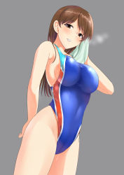 Rule 34 | 1girl, absurdres, bad id, bad pixiv id, blue one-piece swimsuit, breasts, breath, brown eyes, brown hair, cameltoe, competition swimsuit, cowboy shot, grey background, highleg, highleg swimsuit, highres, idolmaster, idolmaster cinderella girls, large breasts, long hair, looking at viewer, nitta minami, one-piece swimsuit, solo, standing, swimsuit, towel, white towel, yao (user jzpa8855)