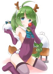 Rule 34 | 1girl, absurdres, ahoge, animal ears, antlers, ball, blue eyes, blue neckerchief, braid, collar, commentary request, deer ears, deer tail, elbow gloves, fake animal ears, fake antlers, fake nose, gloves, green hair, highres, horns, kantai collection, leotard, long hair, mole, mole under mouth, neckerchief, one-hour drawing challenge, purple gloves, purple leotard, purple thighhighs, reindeer antlers, sack, simple background, single braid, sleigh, solo, tail, taisinkoku, thighhighs, very long hair, white background, white collar, yuugumo (kancolle)