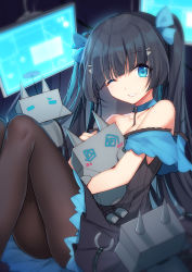 Rule 34 | 1girl, @ @, bare shoulders, bison cangshu, black dress, black hair, black pantyhose, blue bow, blue choker, blue eyes, blush, bow, choker, collarbone, commentary, copyright request, dress, grin, hair bow, hair ornament, hairclip, highres, horcrux college, hug, knees up, long hair, looking at viewer, monitor, off-shoulder dress, off shoulder, one eye closed, pantyhose, robot, sitting, smile, solo, twintails, very long hair