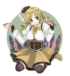 Rule 34 | 10s, bad id, bad pixiv id, beret, blonde hair, corset, cup, detached sleeves, drill hair, fingerless gloves, gloves, hair ornament, hat, kneeling, magical girl, mahou shoujo madoka magica, mahou shoujo madoka magica (anime), puffy sleeves, reliance., saucer, solo, striped clothes, striped thighhighs, tea, teacup, thighhighs, tomoe mami, twin drills, vertical-striped clothes, vertical-striped thighhighs, yellow eyes