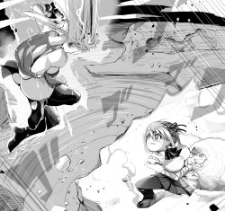 2girls, ass, aura, battle, borrowed character, breasts, destruction, energy ball, eye contact, fighting, fighting stance, gear hair ornament, glasses, greyscale, ground shatter, hamburger-chan (nekoume), highres, jumping, large breasts, loafers, looking at another, machinery tomoko (ubonoan), monochrome, multiple girls, original, pantyhose, pleated skirt, powering up, robot ears, semi-rimless eyewear, shirt, shoes, sideboob, skirt, sweat, sweater vest, thighhighs, torn clothes, torn shirt, two side up, ubonoan, under-rim eyewear