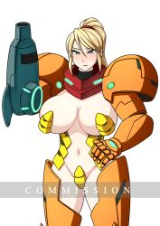 Rule 34 | absurdres, angry, arm cannon, armor, bikini armor, blonde hair, blue eyes, breasts, crotch plate, directed-energy weapon, energy cannon, energy weapon, feminine (artist), highres, large breasts, metroid, mole, mole under mouth, nintendo, pasties, ponytail, revealing clothes, samus aran, weapon