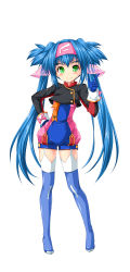 Rule 34 | 1girl, absurdres, black jacket, blue footwear, blue hair, blush, boots, cropped jacket, green eyes, hairband, highres, jacket, kamiya tomoe, klan klein, long hair, looking at viewer, macross, macross frontier, pink hairband, pointing, smile, solo, thigh boots, thighhighs, twintails, very long hair, white background