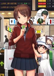 Rule 34 | black hair, blurry, blush, brown eyes, brown hair, card, cellphone, commentary request, depth of field, dress, food, fruit, hand grab, helmet, hiburi (kancolle), highres, holding, holding card, ichikawa feesu, jacket, kantai collection, looking at viewer, low ponytail, low twintails, luggage, mogami (kancolle), open mouth, parted lips, phone, pleated skirt, red jacket, revision, rolling suitcase, sailor dress, school uniform, serafuku, shirayuki (kancolle), short hair, short sleeves, skirt, suica, suitcase, sweatdrop, translation request, twintails, watermelon, white dress