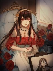 Rule 34 | 1girl, bare shoulders, black choker, black hair, choker, commentary request, floater (floater80012059), flower, hair between eyes, hairband, highres, holding, indoors, long hair, looking at viewer, off-shoulder shirt, off shoulder, red eyes, red flower, red lips, red rose, red shirt, rose, shirt, short sleeves, skirt, solo, spy x family, very long hair, white hairband, white skirt, yor briar