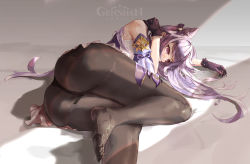Rule 34 | 1girl, absurdres, ass, bad id, bad pixiv id, bare shoulders, black gloves, black pantyhose, bow, commentary, cone hair bun, copyright name, cum, cum on clothes, cum on legwear, detached sleeves, double bun, dress, english commentary, feet, female focus, genshin impact, gloves, gong cha, hair bow, hair bun, hair ornament, highres, huge filesize, keqing (genshin impact), long hair, looking at viewer, lying, no shoes, on side, pantyhose, purple eyes, purple hair, soles, solo, twintails