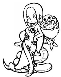 Rule 34 | 1girl, animal, bandana, boa hancock, chibi, china dress, chinese clothes, dress, earrings, female focus, high heels, highres, horns, jewelry, jolly roger, marineford, one piece, outline, pet, pirate, salome (one piece), shoes, side slit, skull, snake, solo
