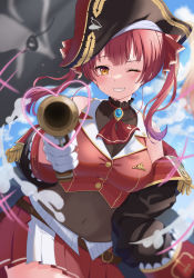 Rule 34 | 1girl, ;), absurdres, aiming, aiming at viewer, ascot, black hat, black jacket, blush, bodystocking, breasts, brown eyes, cleavage, covered navel, cropped jacket, day, eyepatch, gloves, grin, gun, hair ribbon, handgun, hat, heart, highres, holding, holding gun, holding weapon, hololive, houshou marine, jacket, large breasts, long hair, long sleeves, looking at viewer, mei am0, miniskirt, off shoulder, one eye closed, pirate hat, pleated skirt, red ascot, red hair, red jacket, red ribbon, red skirt, ribbon, see-through, see-through cleavage, skirt, sleeveless, sleeveless jacket, smile, solo, twintails, unworn eyepatch, virtual youtuber, weapon, white gloves