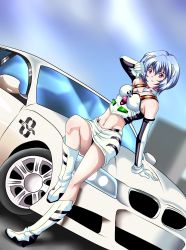 Rule 34 | 1girl, absurdres, artist request, ayanami rei, bare legs, bare shoulders, blue hair, bmw, boots, breasts, car, cleavage, female focus, highres, looking at viewer, medium breasts, motor vehicle, navel, neon genesis evangelion, parted lips, race queen, red eyes, short hair, sitting, skirt, solo, thighs