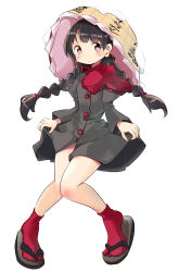 Rule 34 | 1girl, absurdres, black dress, black hair, bow, braid, closed mouth, dot mouth, dress, full body, hat, hidden star in four seasons, highres, long hair, long sleeves, looking at viewer, mukuroi, pink eyes, red bow, red socks, sandals, simple background, socks, straw hat, touhou, twin braids, white background, yatadera narumi, zouri