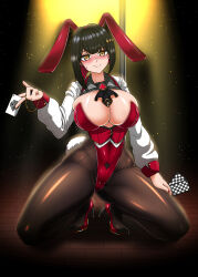 Rule 34 | 1girl, absurdres, animal ear headwear, animal ears, ascot, black ascot, black hair, blush, breasts, brown pantyhose, card, cleavage, closed mouth, colored inner hair, cropped jacket, fake animal ears, fake tail, gluteal fold, goddess of victory: nikke, hand on own thigh, high heels, highleg, highleg leotard, highres, holding, holding card, jacket, large breasts, leotard, multicolored clothes, multicolored hair, multicolored jacket, nail polish, pantyhose, playboy bunny, rabbit ears, rabbit tail, red footwear, red hair, red jacket, red leotard, red nails, rouge (nikke), short hair, skindentation, smile, solo, squatting, strapless, strapless leotard, sweatdrop, tail, thighs, waterbear, white jacket, yellow eyes