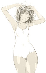 Rule 34 | 1girl, arms up, bad id, bad pixiv id, breasts, closed eyes, happy, hip focus, iro (waterloafer), monochrome, one-piece swimsuit, original, school swimsuit, simple background, small breasts, smile, solo, swimsuit, thigh gap, thighs, white background, wide hips