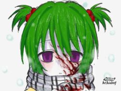 Rule 34 | 1girl, blood, disappointed, empty eyes, expressionless, green hair, hair ornament, human experiment (wwinterdotcom), original, purple eyes, scarf, solo, staring, winter, winter clothes