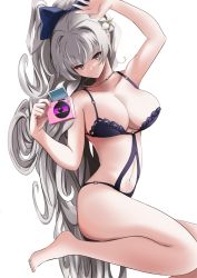 Rule 34 | 1girl, arm up, armpits, azur lane, barefoot, bikini, black bikini, blunt bangs, bow, breasts, camera, cleavage, closed mouth, collarbone, commentary request, dot mouth, eyes visible through hair, flower, flower on head, from side, grey eyes, hair bow, hair ribbon, highres, holding, holding camera, jewelry, large breasts, long hair, looking at viewer, looking to the side, lying, manjirou (manji illust), midriff, navel, necklace, official alternate costume, photo (object), polaroid, ponytail, ribbon, rotated, sidelocks, silver hair, simple background, solo, swimsuit, thick thighs, thighs, vittorio veneto (azur lane), vittorio veneto (the flower of la spezia) (azur lane), white background