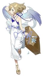 Rule 34 | 1girl, angel, bare shoulders, blonde hair, brown footwear, commentary, dress, full body, green eyes, iovebly, original, running, short hair, solo, suitcase, white background, wings
