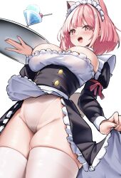 Rule 34 | 1girl, animal ears, breasts, cocktail glass, cup, drinking glass, gu luco, highres, holding, holding tray, large breasts, long sleeves, looking at viewer, maid, maid headdress, original, pink eyes, pink hair, short hair, skindentation, thick thighs, thighhighs, thighs, tray, white background, white thighhighs