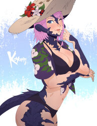 Rule 34 | 1girl, arm under breasts, artist name, au ra, bikini, black bikini, black eyes, blush, breasts, commission, dragon horns, dragon tail, final fantasy, final fantasy xiv, flower, from side, hat, hat flower, highres, horns, koyorin, large breasts, lips, looking at viewer, navel, one eye closed, pink hair, scales, shirt, short hair, solo, swimsuit, tail, tied shirt, warrior of light (ff14)